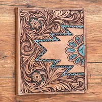 Portafolio de cuero con herramientas, organizador de archivos, portafolio A4 personalizado de cuero genuino, cartera de documentos floral Turquesa
