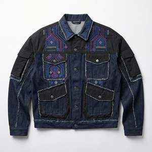 ผู้ผลิตเสื้อแจ็คเก็ตยีนส์ทรงบ็อกซี่ สไตล์เทคแวร์ ผ้าเดนิมสีดำเข้มแบบหนาพิเศษ แต่งผ้าไนลอนสีดำ ปักลายนีออน สำหรับผู้ชาย - Product Image 1