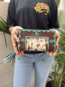 Bolso de mano de cuero de moda occidental con estilo, Cartera de piel de vaca Vintage, cremallera, tallado a mano, funda de teléfono multifuncional - Product Image 5