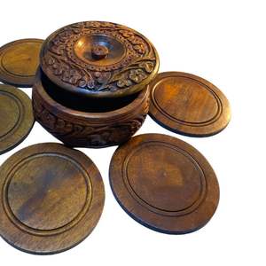 Alfombrilla de Té de Madera Tallada, Alfombrilla de Té Hecha a Mano, Juego de Alfombrillas Redondas de Madera Talladas a Mano en Caja - Product Image 2