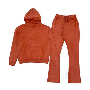 Unisex Custom Acid Wash Sweat suit <b>Sweatpants</b> and Hoodie Washed Tracksuit For <b>Women</b> Slim Fit - Product Image 1