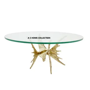 Desain baru 2024 buatan tangan logam bingkai emas kaca atas meja kopi bulat pusat atas
