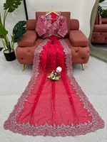 Saree en soie pure et douce de designer indien, belle broderie et bordure de travail de séquence pour mariage et fête