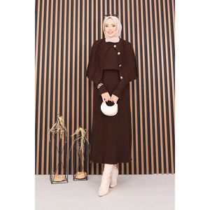 Ensemble décontracté deux pièces automne : Cape boutonnée et robe en maille imprimée avec hijab couleur café – Respirant et confortable - Product Image 3