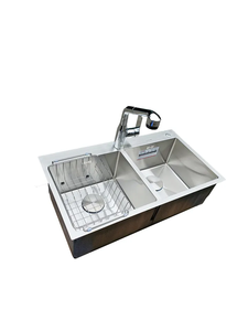 SUNMORE SM 7846 Fregadero de cocina de doble cuenco de montaje superior hecho a mano de acero inoxidable 304 de alta calidad Dos agujeros Acabado satinado cepillado Gris - Product Image 4