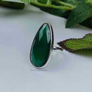 Bague statement pour femme en argent sterling 925 faite à la main, pierre précieuse onyx verte, taille poire, sertie classique, pour mariage, fête, anniversaire - Product Image 2