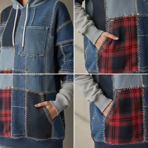 OEM Custom Scrap Fabric Design Winter Women's Front Logo Hoodie Sustainable Fashion Reworked Denim and <b>Flannel</b> Pullover - Product Image 6