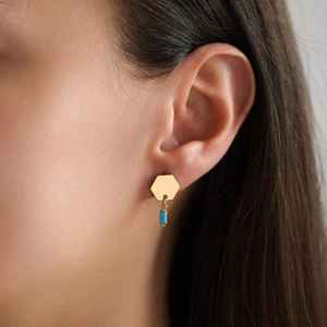 Personalized Birthstone Hexagon Turquoise Stud Earrings Dangle Drop Baguette Earrings 925 Sterling Silver 14K Gold Plated - Product Image 5