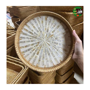 Bandeja de Servicio de Ratán de Fibra Natural con Mosaico de Nácar, Bandeja Hecha a Mano, Bandeja Decorativa de Ratán Estilo Bohemio con Flores de Peonía - Product Image 6