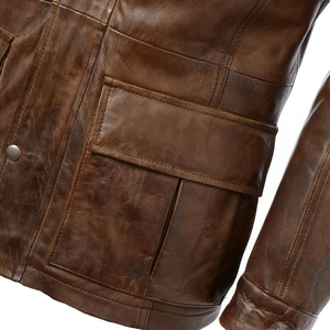 Men's <b>Retro</b> Style Leather Jacket Spring Autumn Leisure Slim Fit with Stand-Up Collar Zipper Canvas <b>Fabric</b> Front Logo Placement - Product Image 2