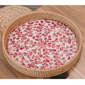 High Quality Natural Rattan Tray Exquisite Floral <b>Mother</b> Pearl Inlay Elegant Home Decor Coffee Table Handcrafted Catering - Product Image 4