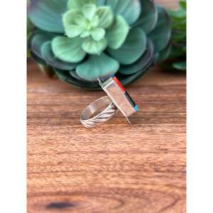 Navajo Handmade <b>Statement</b> <b>Ring</b> Multi-Color Turquoise & Sterling <b>Silver</b> Inlay Gemstone <b>Ring</b> Size 9 Everyday Wear - Product Image 4