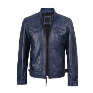 Chaqueta de invierno con cremallera y botones de manga larga ajustada de cuero azul claro suave para hombre precio al por mayor con lona impermeable y transpirable - Product Image 1