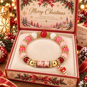 Pulsera elástica con cuentas navideñas, joyería unisex con dije de bastón de caramelo, pulsera de regalo navideño con caja de regalo de Navidad para hombres y mujeres - Product Image 2