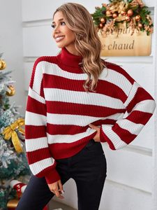 Suéter informal a rayas para mujer, jerséis de manga larga con diseño de retazos, camisas de punto sueltas de estilo Vintage para invierno - Product Image 5