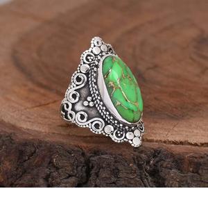 Green Copper <b>Turquoise</b> <b>Ring</b> 925 Silver Oval Gemstone Bohemian Filigree Designer Jewelry Gift for Her - Product Image 3
