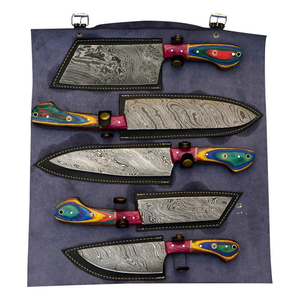 2025 personnalisé en acier damas forgé à la main 5 pièces ensemble de cuisine de couteau de Chef avec manche en bois Pakka et Rose et sac en cuir - Product Image 3