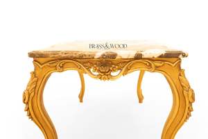 Mesa de Centro Rectangular de Lujo con Tapa de Mármol Veteado Marrón Miel y Marco de Hoja de Oro Tallado a Mano para Sala de Estar Clásica - Product Image 6