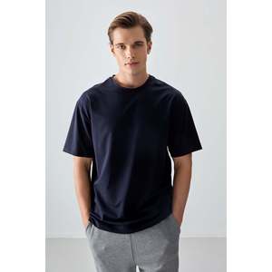 T-shirt basique pour homme Air Jones, bleu marine, coupe ample, tissu en mélange de coton doux, texture épaisse, vêtement décontracté confortable - Product Image 1