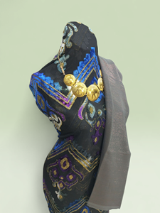 Black Maqbal Dirac Fabric with Blue Purple Geometric Embroidery & Gray Plain <b>Shawl</b> Luxury <b>Wedding</b> Set - Product Image 2