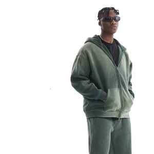 Venta al por mayor logotipo personalizado lavado con ácido doble cremallera sudaderas con capucha de hombre de gran tamaño recortado francés Terry 100% algodón invierno estilo Vintage - Product Image 5