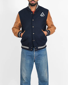 Blouson moto vintage personnalisé pour homme, style universitaire, en laine/polyester, à capuche, avec broderie chenille et patchs sur le devant, idéal pour l'automne - Product Image 2