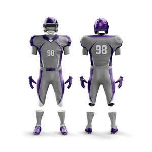 Uniforme de Fútbol Americano Personalizado al por Mayor, Jersey Sublimado Gris y Morado para Hombre, Manga Corta, Ajustado, Absorbente de Humedad - Product Image 1