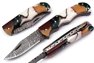 Navaja Plegable de Acero de Damasco Personalizada OEM, Navaja Plegable con Hoja de Acero de Damasco para Campamento al Aire Libre con Funda de Cuero - Product Image 5