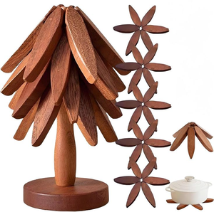 Artisan Wooden Tree Shape Coaster & <b>Trivet</b> Set | Sustainable <b>Wood</b> Hot Pot Stand | Decorative Tableware Set - Product Image 5
