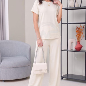 Women's Soft <b>Lounge</b> wear <b>Set</b> Relaxed Short Sleeve Top Straight Pants Comfortable Casual <b>Two</b> <b>Piece</b> Outfit - Product Image 2