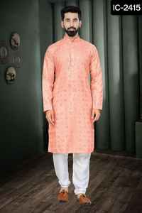 Traditional Indian and Pakistani Men's Cotton <b>Kurta</b> Long Festival Wear with Mirror Embroidery Work Festival Wear - Product Image 3