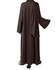 Conjunto islámico marrón de calidad de exportación para mujer con mangas aleteadas y cintura ahumada tela suave transpirable para días de playa a la venta - Product Image 4