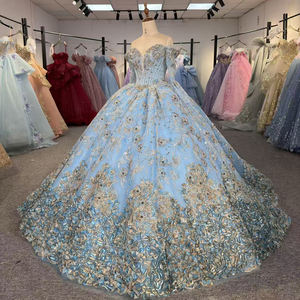 Robe de bal Quinceañera élégante bleu cristal imprimé, antistatique, longueur ras du sol, avec manches en forme de fleur et traîne chapelle, modèle 6974 - Product Image 2