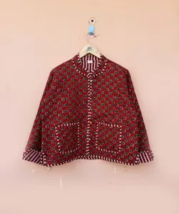 Chaqueta de algodón acolchada de estilo bohemio para mujer, Kimono bohemio con estampado de bloques, Kimono abierto a rayas, ropa corta de otoño e invierno, Bata - Product Image 1