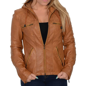 Chaquetas de moda informales de piel de cabra coñac de calidad superior para mujer con capucha y chaqueta con cierre de cremallera - Product Image 1