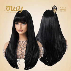 Tara-DWY 26-Inch Women's Machine Made Synthetic <b>Wig</b> Long Silky Straight Chocolate Brown with Highlight Bangs Glueless - Product Image 2