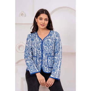 Blue Quilted <b>Jacket</b> Printed Design Autumn/Winter Leather Windbreaker for Ladies Custom Logo Short Length Polyester <b>Sequins</b> - Product Image 5