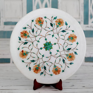 จานลายดอกไม้ฝังหินอ่อนธรรมชาติขายดีที่สุด งานแกะสลักอัญมณี ขายส่ง ของตกแต่งบ้าน ใช้ได้ทั้งภายในและภายนอก - Product Image 3