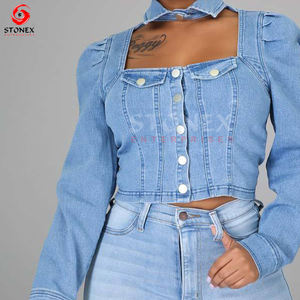 Chaquetas clásicas informales recortadas de mezclilla para mujer con cuello único, Chaqueta vaquera azul lavada con bolsillos abotonados para mujer - Product Image 6