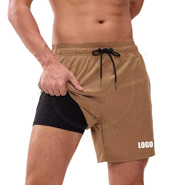 Customized Logo Men's Quick Dry Gym Shorts Mid Waist Solid 2-in-1 Compression Liner Waterproof Walkout Casual Beach Shorts
