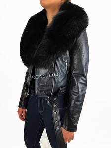 Veste en cuir véritable de moto décontractée pour femmes avec col en peau de mouton FOX fourrure amovible motif solide style motard OEM disponible - Product Image 5