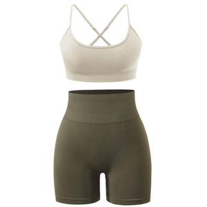 Conjunto de sujetador y pantalones cortos deportivos sin costuras de algodón para mujer, ropa deportiva para gimnasio, traje de Yoga de dos piezas con patrón sólido de alta calidad - Product Image 4
