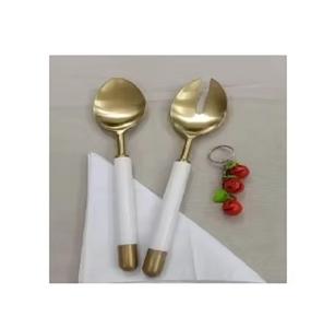 Único Personalizar Logo Forma Largo Redondo Blanco Mango Acero Inoxidable Chapado en Oro Juego de Servir Ensalada - Product Image 1