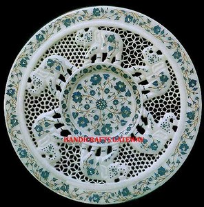 Top Class <b>White</b> Marble Indian Manufacturing Handmade Elephant Design Inlay Work Beautiful <b>Round</b> Shape <b>White</b> Marble <b>Table</b> Top - Product Image 1