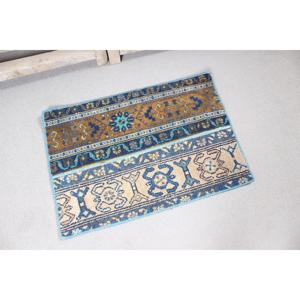 Tapis vintage 1,5x2,1 pieds, bleu brun camouflage, tapis turc en laine - Product Image 4