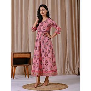 Pink <b>Boho</b>-Elegant Butta Block Printed Cotton <b>Dress</b> Casual Office Lady <b>Summer</b> Sexy with Breathable Buttons Natural Waistline - Product Image 6