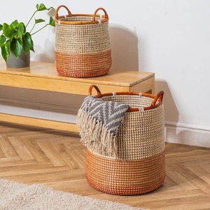 Seagrass Toned Rattan Rimmed <b>Round</b> <b>Basket</b> Handmade Storage <b>Basket</b> Wholesale eco-friendly Made in Viet Nam - Product Image 3