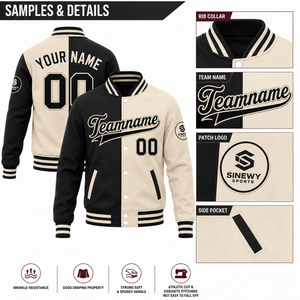 Chaqueta Varsity SINEWY SPORTS para Hombre, Negra y Crema, Dos Tonos, Nombre y Número Personalizados, Estilo Preppy, Cierre de Botones, para Otoño - Product Image 6