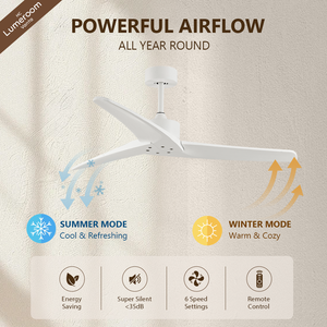 52 Inch 3 Blade White Ceiling <b>Fan</b> Without Light <b>Remote</b> <b>Control</b> DC Motor Solid Wood Blades for Bedroom Living Room - Product Image 2