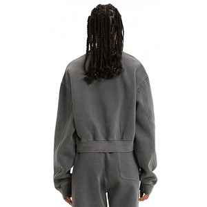 Fashion Womens Vintage Acid Wash Cropped Sweatshirt | Retro <b>Distressed</b> V Neck Fleece <b>Top</b> - Product Image 2